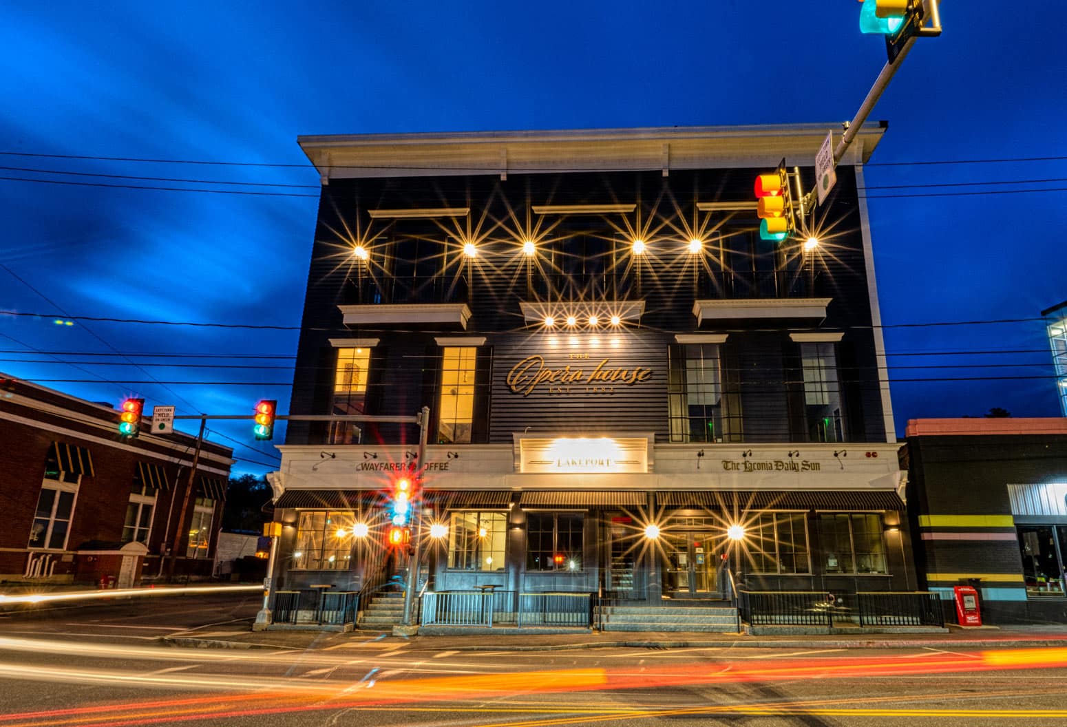 Exterior of The Opera House with lights